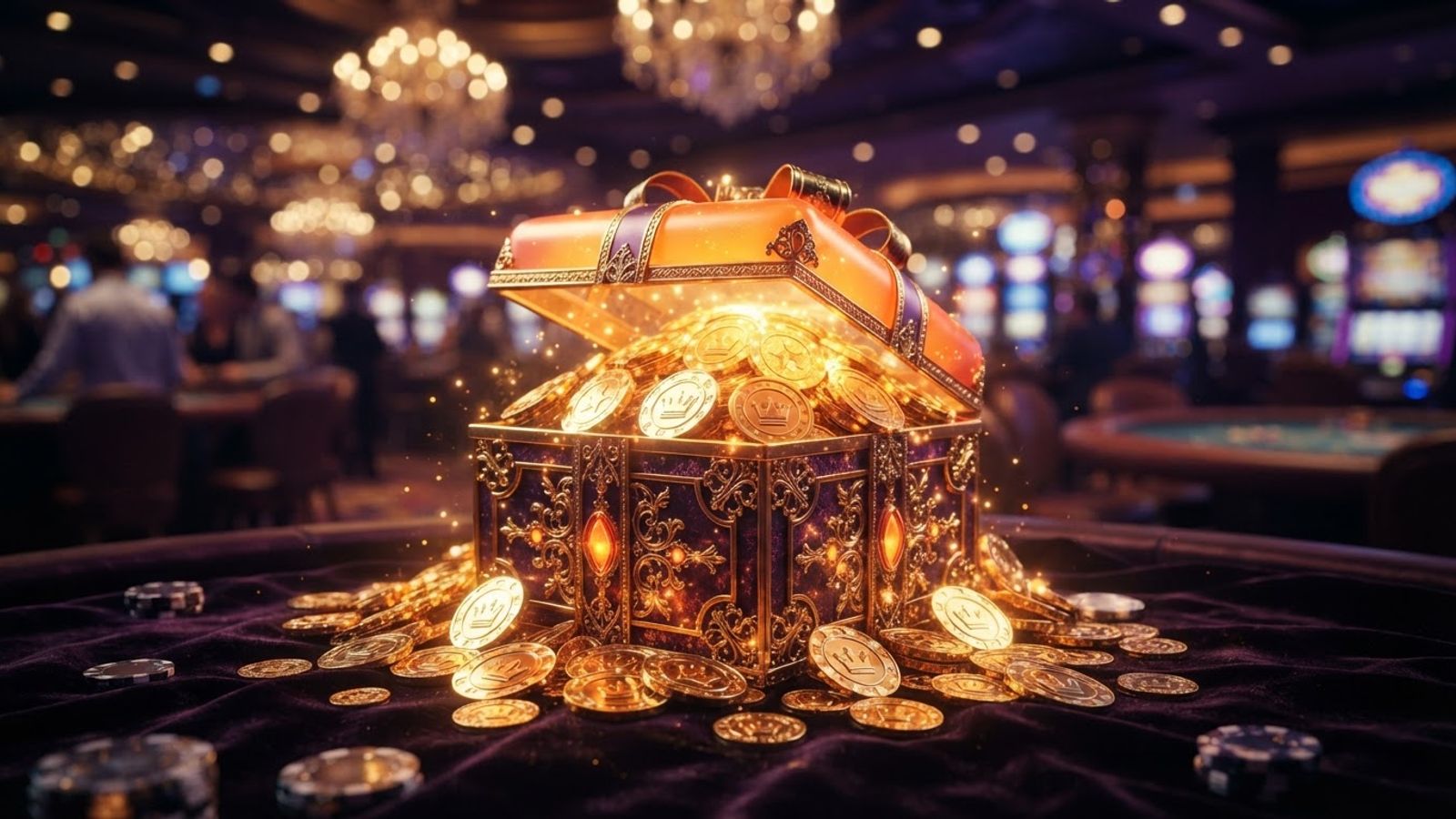 Coffret cadeau doré avec pièces sur fond de casino sombre