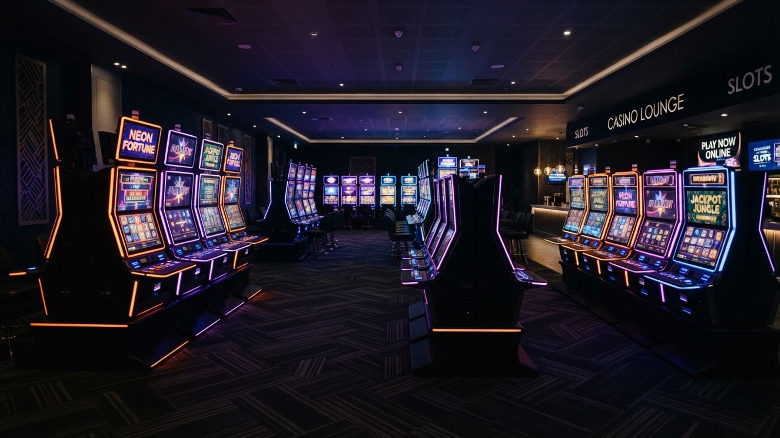 Salon de jeu de casino en ligne moderne avec machines à sous néon